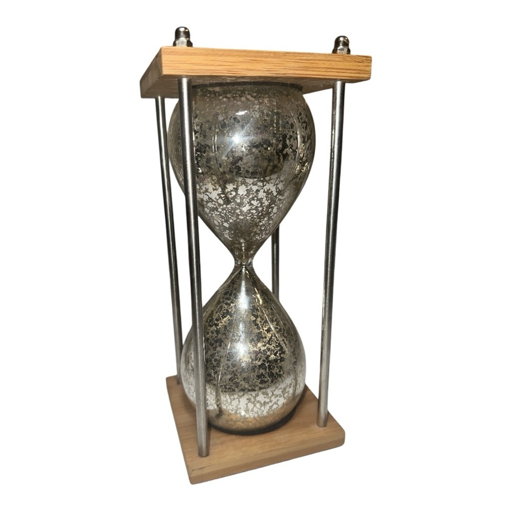 Vintage Decorative Hourglass Timer w/ Silver Mercury Glass Finish & Wooden Base - Picture 5 of 6